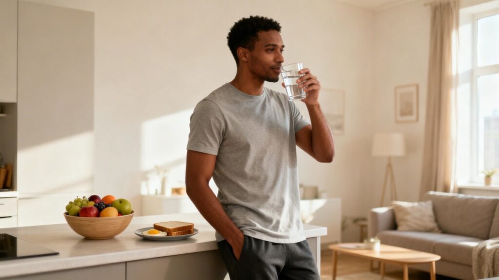 Pessoa em casa começando uma rotina saudável pela manhã