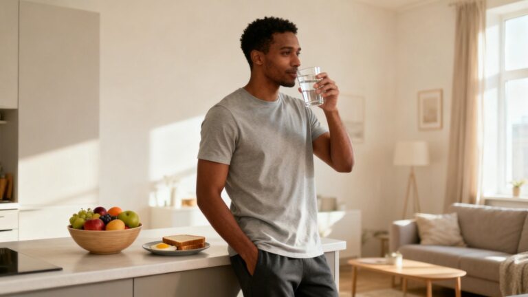 Pessoa em casa começando uma rotina saudável pela manhã