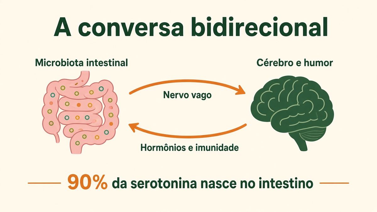 Diagrama do eixo intestino-cérebro: microbiota, nervo vago, hormônios e sistema imunológico em comunicação bidirecional