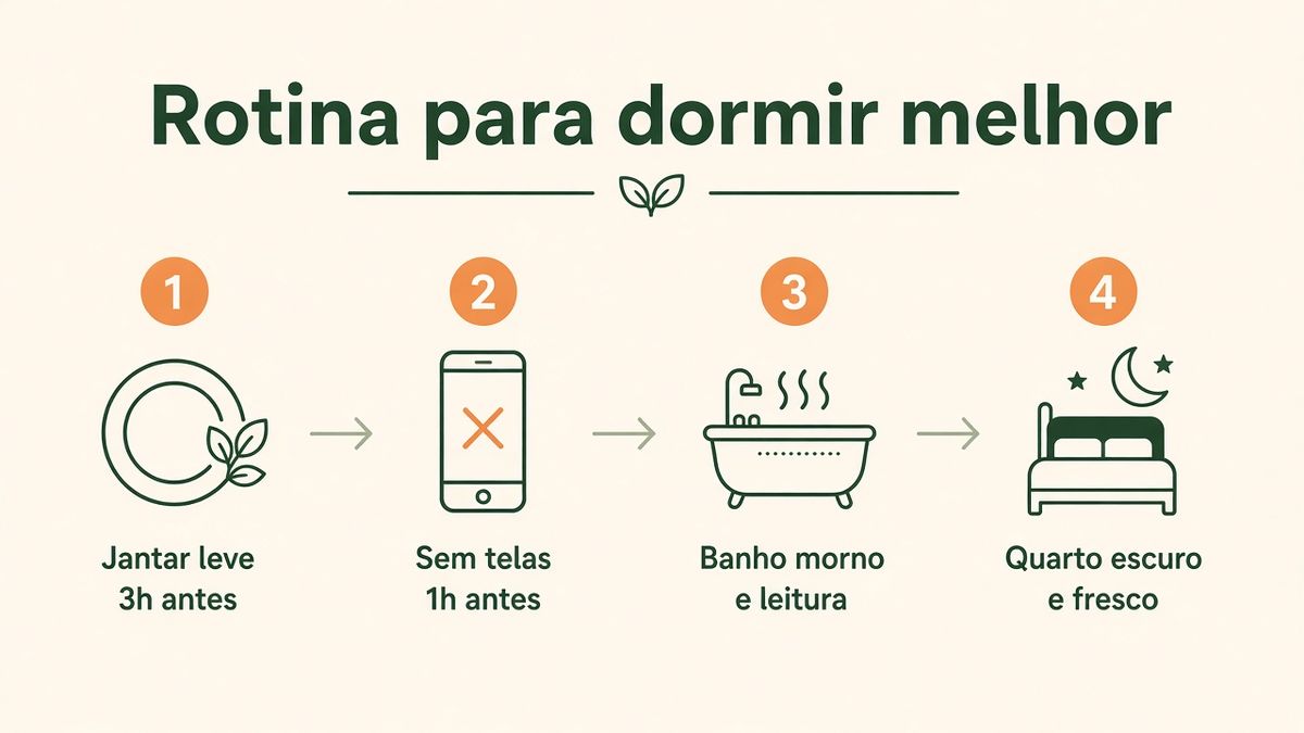 Rotina para dormir melhor: jantar leve 3h antes, sem telas 1h antes, banho morno e leitura, quarto escuro e fresco